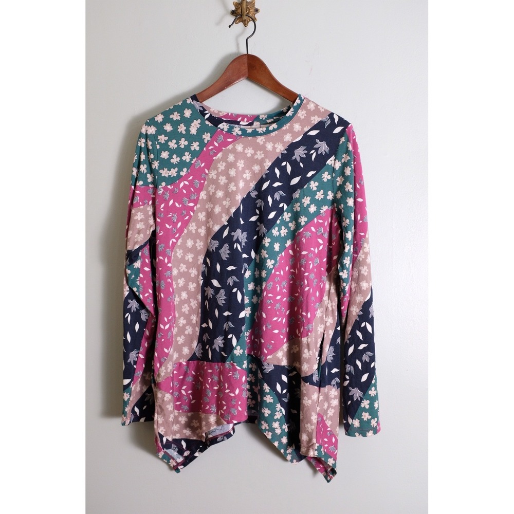 LOGO Lori Goldstein Floral Patchwork Artistic Tunic Top Pockets Lagenlook Large